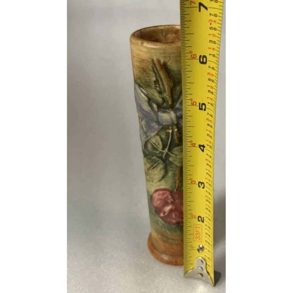 Vintage Ceramic Bud Vase Hand Painted Raised Flowers Blue Bow 6.5